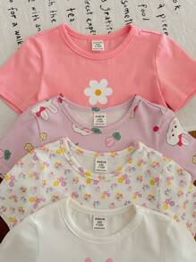 4pcs Baby Girls Cute Cartoon Striped Short Sleeve Knit Tops Set, Summer Graphic - Multicolor - View 6