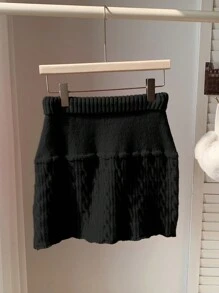 Comfortcana Falda de suéter con cordón en la cintura de unicolor, casual para otoño/invierno