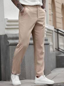 Manfinity CasualCool Pantaloni casual da uomo per uso quotidiano: stile business e pendolarismo, pantaloni aderenti color cachi con tessuto simile al lino e texture con pieghe sottili. Perfetti per la primavera e l'estate rinfrescante, rendendoli un regalo ideale per fidanzati o mariti - Cachi - Visualizzare 1