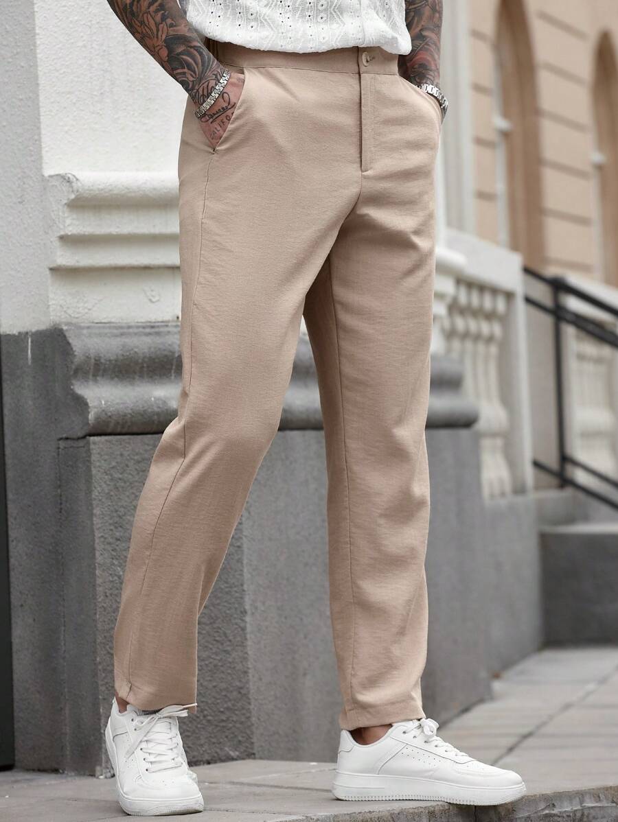 Manfinity CasualCool Pantaloni casual da uomo per uso quotidiano: stile business e pendolarismo, pantaloni aderenti color cachi con tessuto simile al lino e texture con pieghe sottili. Perfetti per la primavera e l'estate rinfrescante, rendendoli un regalo ideale per fidanzati o mariti - Cachi - Visualizzare 1