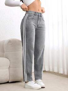 SHEIN Essnce Quần ống côn denim chắp vá màu trơn có túi cài nút phía trước dành cho nữ - Xám - Xem 5