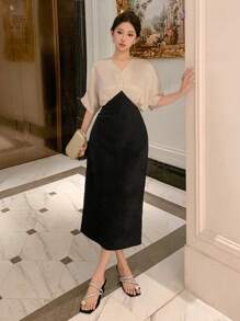 DAZY V 领拼色褶皱中长连衣裙，适合女士舞会礼服，优雅太阳裙，正式女士连衣裙 - 黑色 - 查看 6