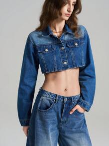 Ontre 女款2025新款前扣长袖口袋简约短款牛仔夹克，春夏女士休闲牛仔夹克