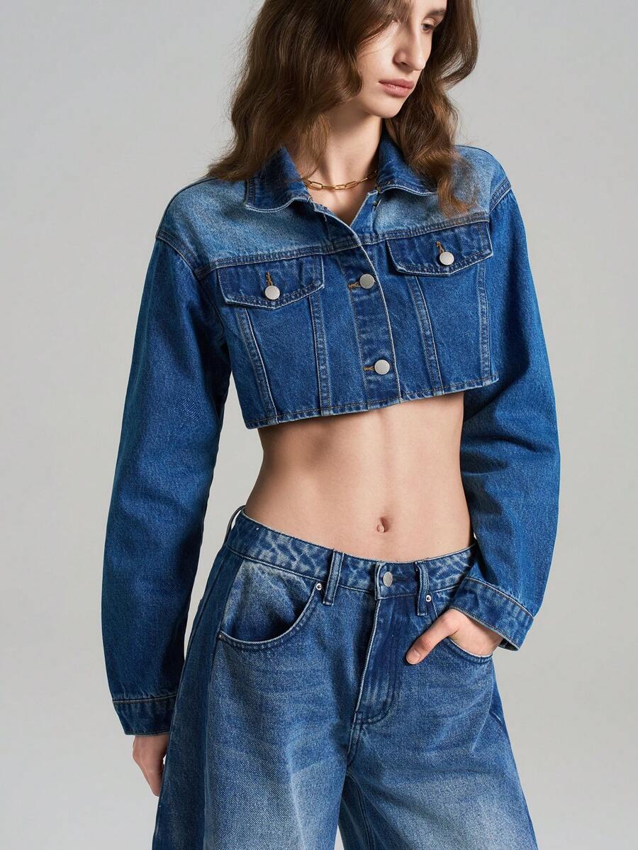 Ontre 女款2025新款前扣长袖口袋简约短款牛仔夹克，春夏女士休闲牛仔夹克