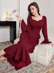 Modelyn 女式超长喇叭袖不对称荷叶边下摆连衣裙，春夏 - 紅色 - View 4