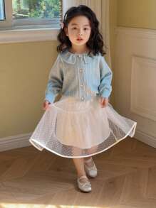 Dazy Kids 2 chiếc/Bộ áo cardigan dài tay phong cách vintage đục lỗ và chân váy mini đa năng cho bé gái, xuân/hè - Màu xanh lam - Xem 4