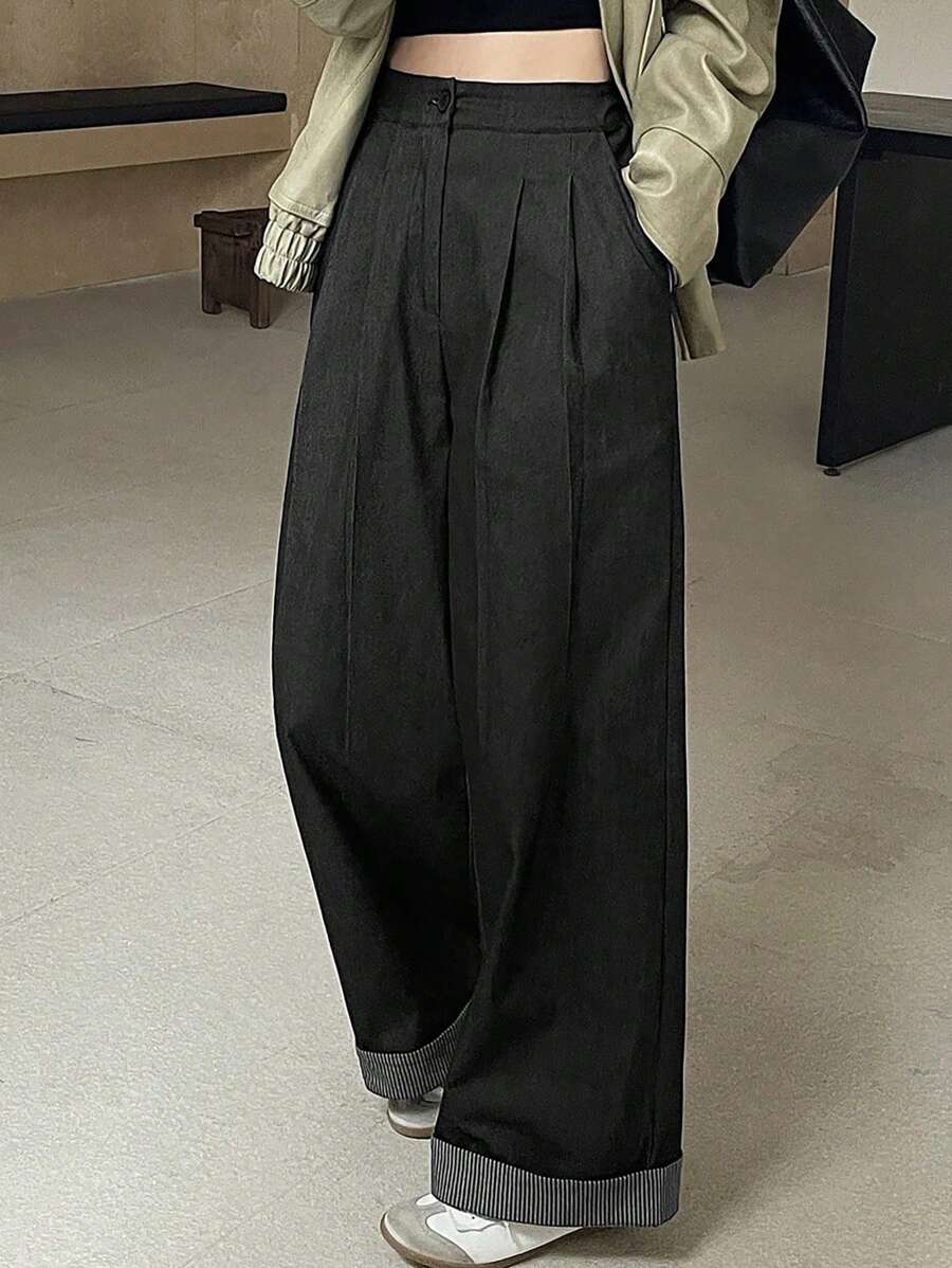 DAZY Women's Loose Patchwork Striped Pockets Wide Leg Pants - Dark Grey - View 1