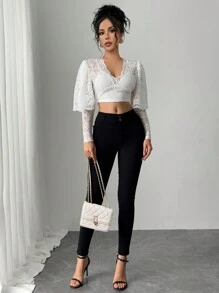 Calvaya Valentine's Day Elegant Solid Color Lace 2 In 1 Short T-Shirt
