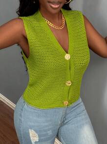 BamGleam New Green Metal Big Button V-Neck Sweater Vest, Hollow Out Cardigan For Casual Outdoor Wear, Sexy Minimalist Knit Vest, Suitable For Autumn/Winter/Spring