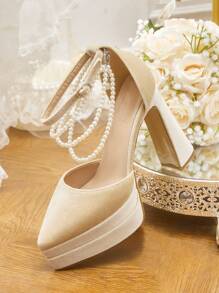 CUCCOO HITCHD Women's Luxury Pearly Chain Decor Square Toe Chunky Heel High Platform Elegant Suede Dress Shoes, Champagne Color, Fashion High Heels For Wedding Party, Prom, Evening