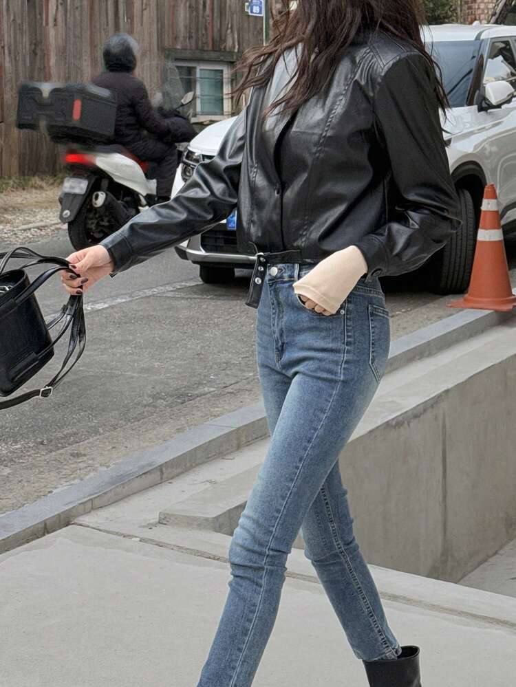 Women's PU Leather Jacket, Motorcycle Style Blazer, Fall Women Clothes Business Attire