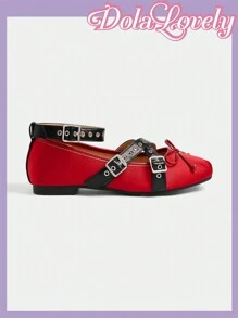 Dola Lovely 女士春季新款可爱缎面蓝色十字金属扣芭蕾平底鞋，优雅甜美大码女士平底鞋