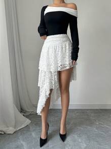 Chiquease Vintage weiße Spitzen-Asymmetrischer Rock mit hoher Taille, Rüschen-Saum und Rosenblüten - Weiss - Übersicht 5