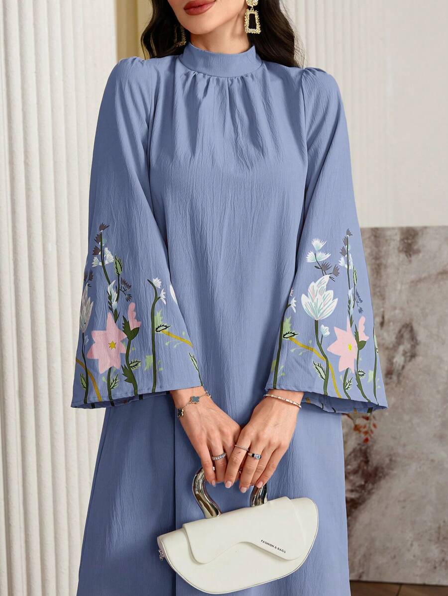 Al Najma Women's Floral Print Stand Collar Long Sleeve Casual Loose Dress, Elegant Tunic Arabian Dresses, For Casual Daily/Travel/Holiday/Vacation,Modest - Dusty Blue - View 1