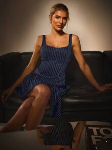 Athîral 女士宽肩带条纹简约休闲上衣，日常休闲装 - 藍色 - 查看 1