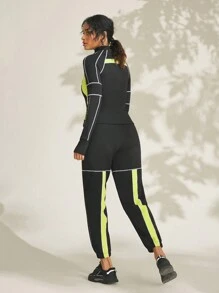 SHEIN Sports Urban Outdoor Wear Elastic And Skin-Friendly Sporty Casual Colorblock Tracksuits For Women - Black - View 2