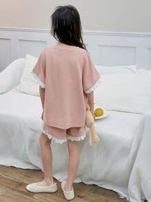 DAZY 2 件套青少年女孩圆领针织拼布短袖春夏装，返校服 - 粉色 - 查看 5