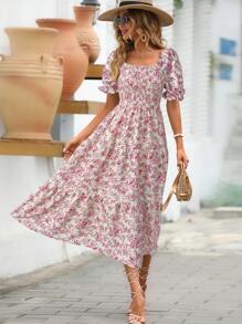 Breezaya Vestido informal de largo midi con estampado integral, cuello cuadrado y mangas cortas para mujer - Rosa - Ver 5
