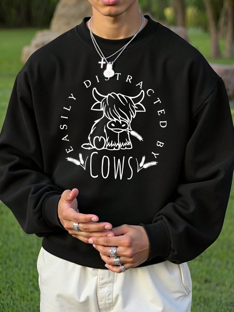 Manfinity Dauomo Cow Slogan Graphic Regular Crew Neck Men's Sweatshirt - Black - View 1