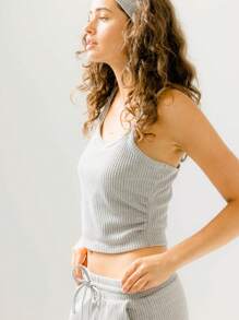 Aralina 舒适超柔软麻灰色抽绳腰部华夫格针织细肩带上衣和休闲裤睡眠套装（带头带） - 灰色 - 查看 5