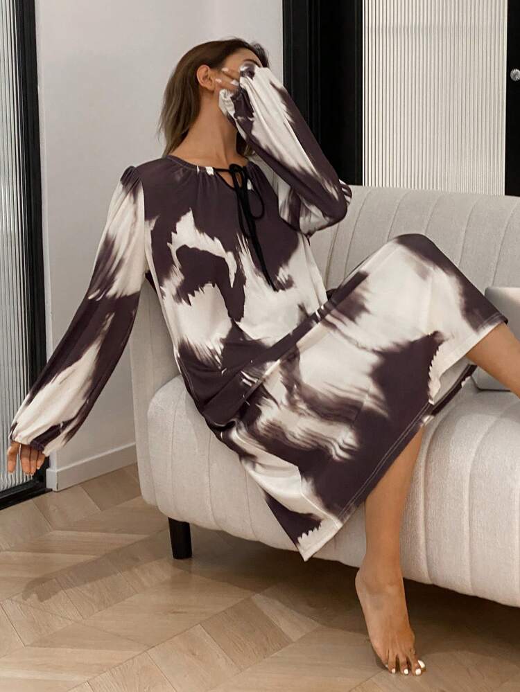 Women's Tie-Up Collar Loose Tie Dye Print Puff Sleeve Loose Nightgown Pajama