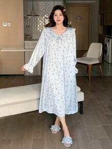 DAZY Cartoon All-Over Print Loose Fit Round Neck Long Sleeve Women Nightdress Pajama - Beige - View 6