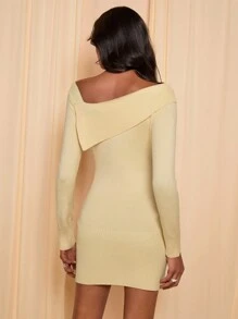 COSMINA Women's Solid Color Oblique Shoulder Long Sleeve Simple Short Elegant Dress - Yellow - View 2