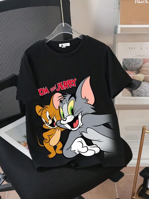 TOM & JERRY X SHEIN Tween-Jungen Lässiges Kurzarm-T-Shirt mit Cartoon-Print, geeignet für den Sommer