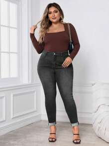 SHEIN Frenchy Quần Jeans Skinny Đen All-Match Size Lớn Cho Nữ, Thường Ngày & Đa Năng - màu đen - Xem 4