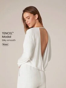 GLOWMODE SoftSerene Modal Lightweight Comfort Loose-Fitting Long-Sleeve Open-Back Top Daily Casual - White - View 1