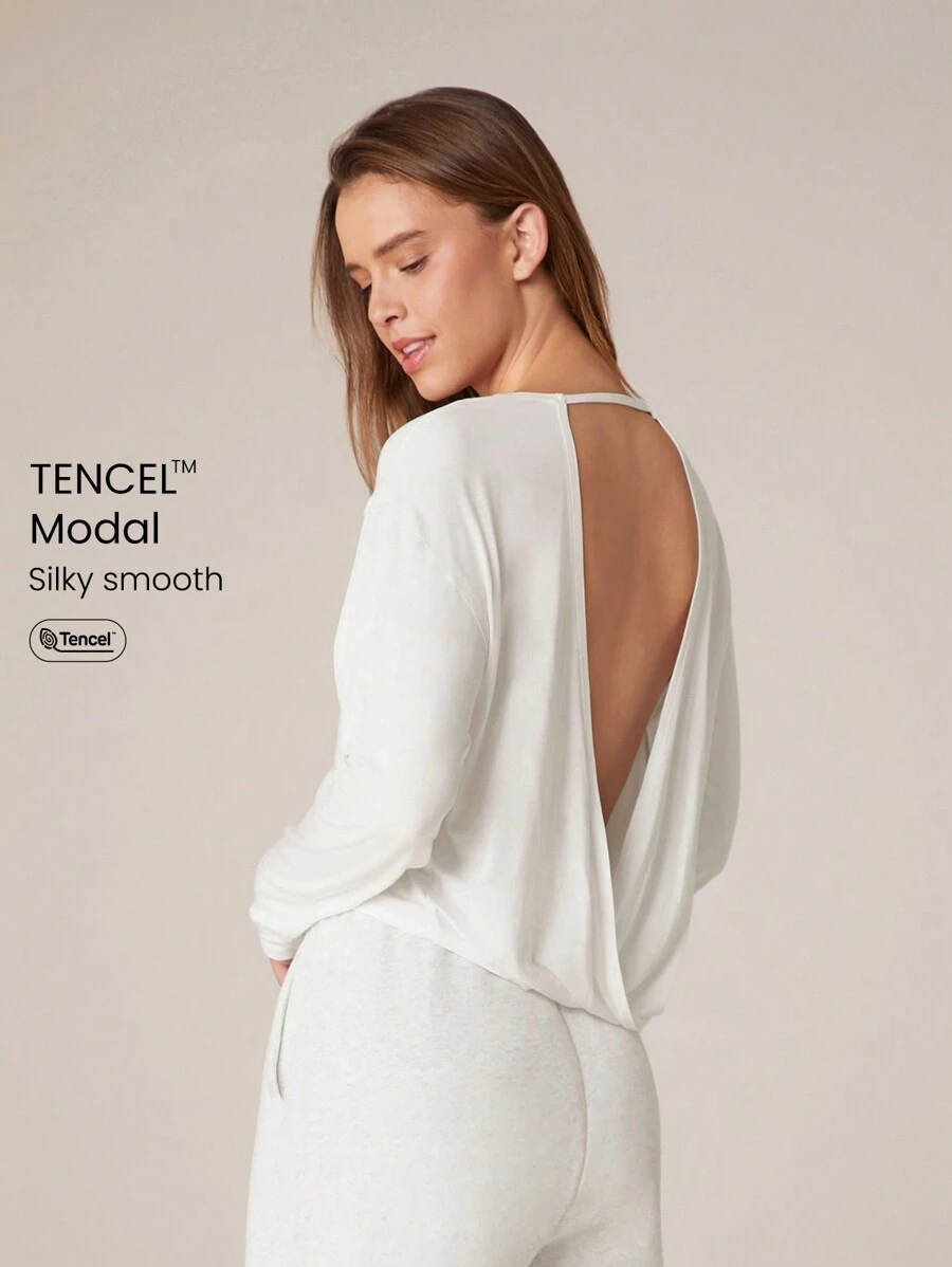 GLOWMODE SoftSerene Modal Lightweight Comfort Loose-Fitting Long-Sleeve Open-Back Top Daily Casual - White - View 1