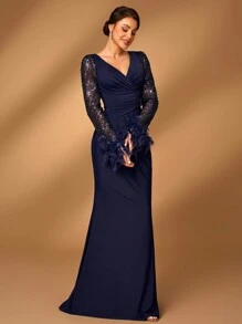 Serin Elegant Luxury Pearl & Sequin Patched Ruched Mesh Long Sleeve Mermaid Evening Formal Dress, Suitable For Wedding, Parties, Vacation, Ball, Banquet And Mother Of The Bride - Navy Blue - View 6
