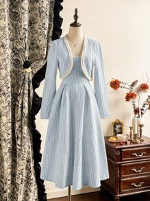 Vintamour 复古优雅女装两件套格子针织提花纹理方领无袖连衣裤连衣裙 A 字形荷叶边下摆连衣裙和长袖短款夹克，配仿珍珠纽扣花卉饰边，适合通勤正式冬季女装女式夹克女式套装冬季女式外套两件套冬季服装女式连衣裙女式两件套情人节情人节情人节情人节连衣裙