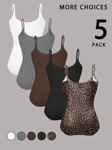 INAWLY 5pcs/Set Women's Solid Color & Leopard Print Slim Fit Camisole, Suitable For Spring, Summer, Autumn - Multicolor - View 2