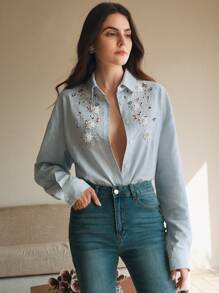 Anewsta Light Blue,Autumn,Elegant,Tea Party Embroidered Crystal Decor 3D Flower Trim Collar Long Sleeve Modern Blouse Top For Valentine's Day,New Year,Date - Baby Blue - View 3