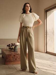 Anewsta Women Spring/Summer Casual Patchwork Lantern Sleeve Round Neck Commuting T-Shirt Top, "Old Money" Design - Beige - View 7