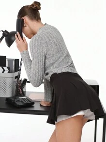 Aloruh Elegant Deep V-Neck Cable Knit Slim Fit Pullover Sweater, Solid Gray Long Sleeve - Grey - View 2