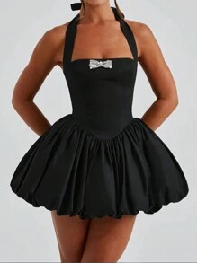 INAWLY Women's Rhinestone Bowknot Decor Backless Party Mini Dress, For Valentine's Day - Black - View 1