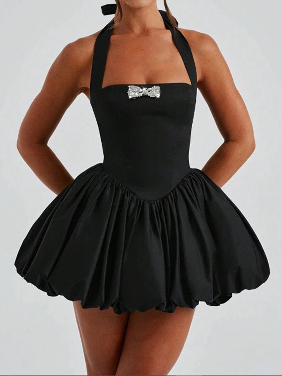 INAWLY Women's Rhinestone Bowknot Decor Backless Party Mini Dress, For Valentine's Day - Black - View 1