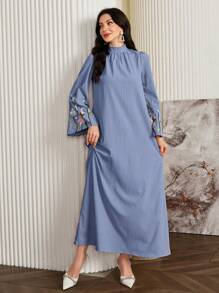 Al Najma Women's Floral Print Stand Collar Long Sleeve Casual Loose Dress, Elegant Tunic Arabian Dresses, For Casual Daily/Travel/Holiday/Vacation,Modest - Dusty Blue - View 6