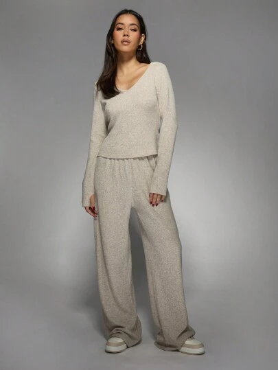 MISSGUIDED Luxury Ribbed Knit Loungewear Set Wide Leg Pants Cozy Two Piece Outfit Winter Casual Sweater Matching Set Palazzo Pants Drawstring Waist