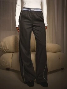Athîral Women's Letter & Striped Waistband Straight Leg Casual Pants - Grey - View 1