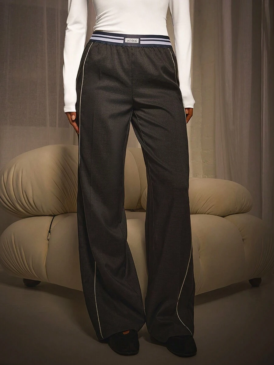 Athîral Women's Letter & Striped Waistband Straight Leg Casual Pants - Grey - View 1