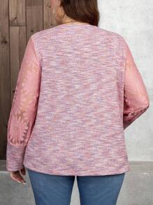 SHEIN LUNE Plus Size Ziua Îndrăgostiților Femei Vară Dantela Mâneci lungi Patchwork Roz Top Femei - Roz - Vizualizare 2