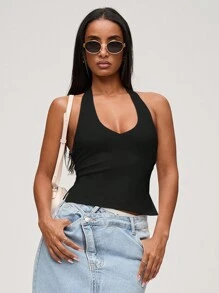 SHEIN BASICS Casual Solid Color Knitted Halter Neck Tank Top For Women - Black - View 3