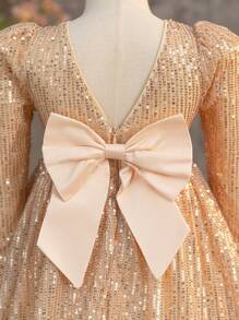 SHEIN Young Girl Elegant Sequins 3D Bow Bodycon Dress - Champagne - View 3