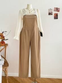 Soleia Plus Size Women's Corduroy Embroidery Trim Bib Overall Pants, Suitable For Spring, Autumn, And Winter - Apricot - View 6