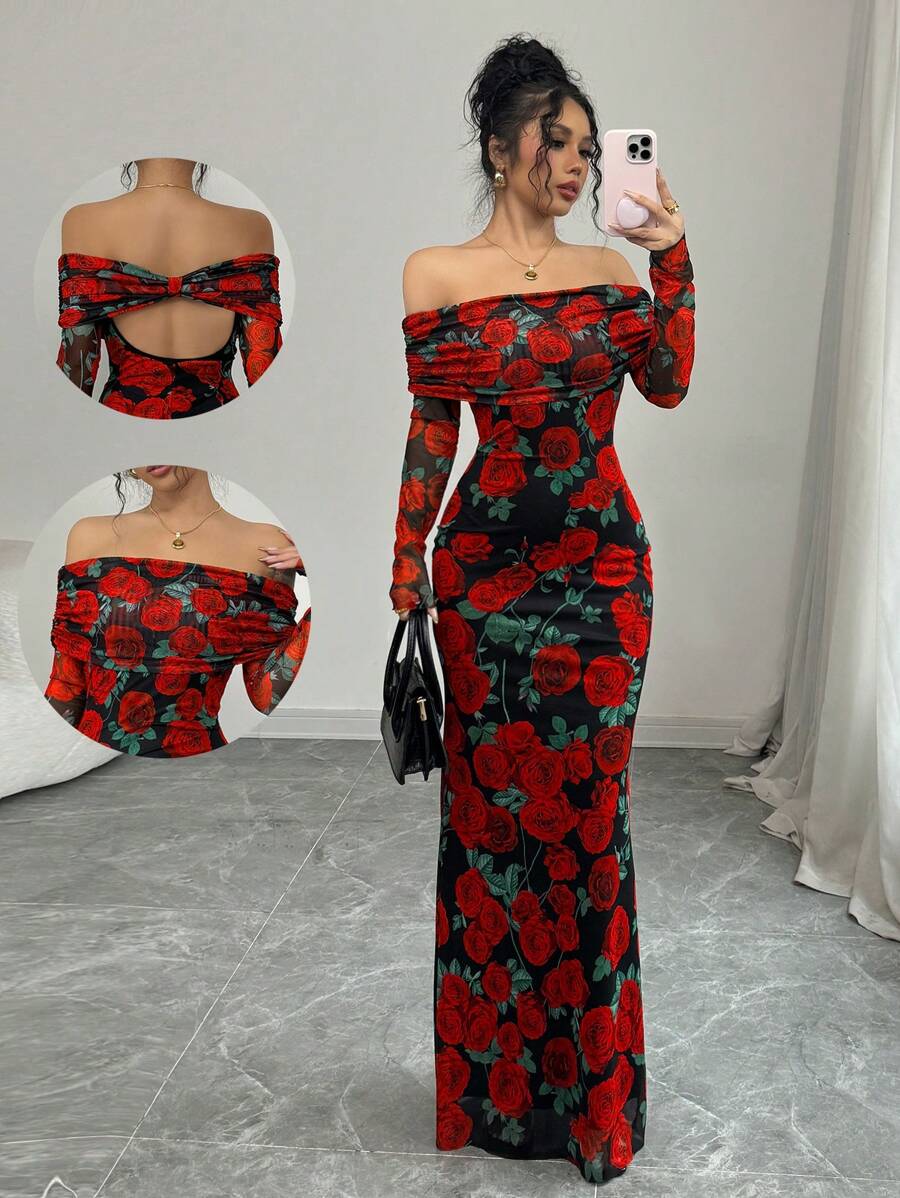 Elenzga Elegant Rose Print Off Shoulder Dress, Fall New Year Valentine's Day Wear For Women - Red - View 1