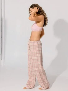 Aralina Cozy Sorbet Check Soft Lace Trim Drawstring Wide-Leg Pants - Pink - View 9