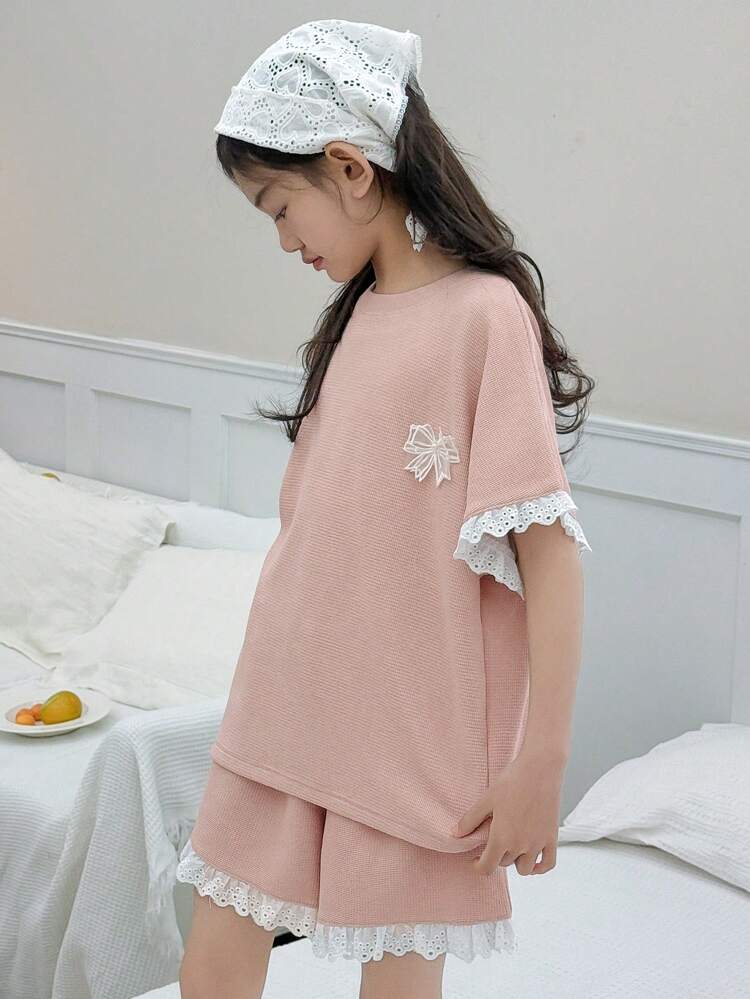 2pcs/Set Tween Girl Round Neck Knitted Patchwork Short Sleeve Spring & Summer Outfit,Back To School Clothes